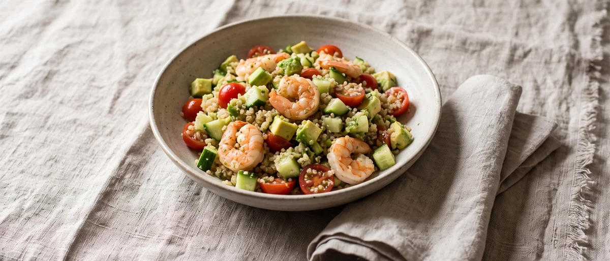 Shrimp, Avocado & Quinoa Salad with Lime - Cooked shrimp over herby quinoa with avocado, cucumber and a punchy lime dressing
