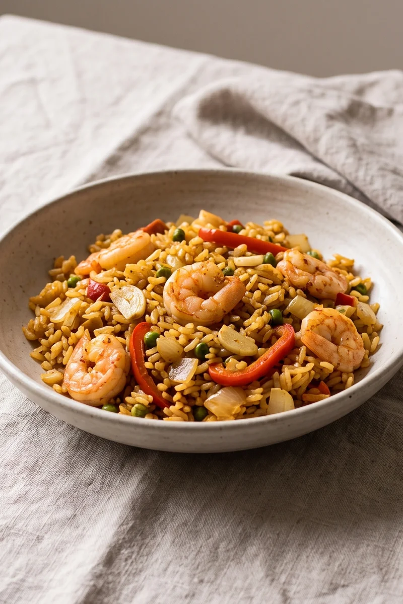 Shrimp, Chorizo-Free Paella-Style Rice - A smoky one-pan paella-style rice with shrimp, peppers and peas