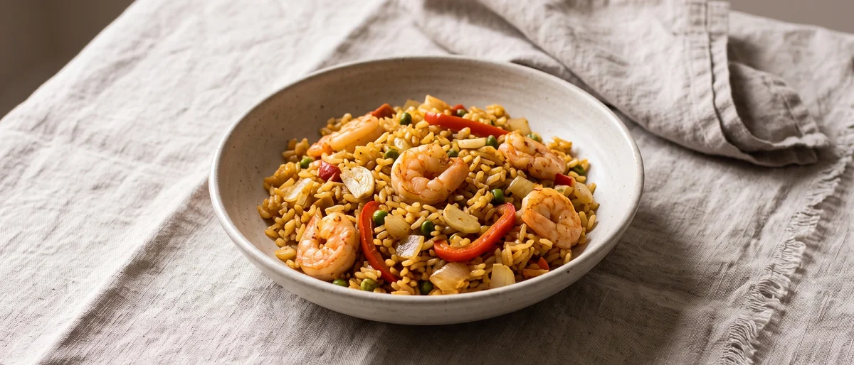 Shrimp, Chorizo-Free Paella-Style Rice - A smoky one-pan paella-style rice with shrimp, peppers and peas