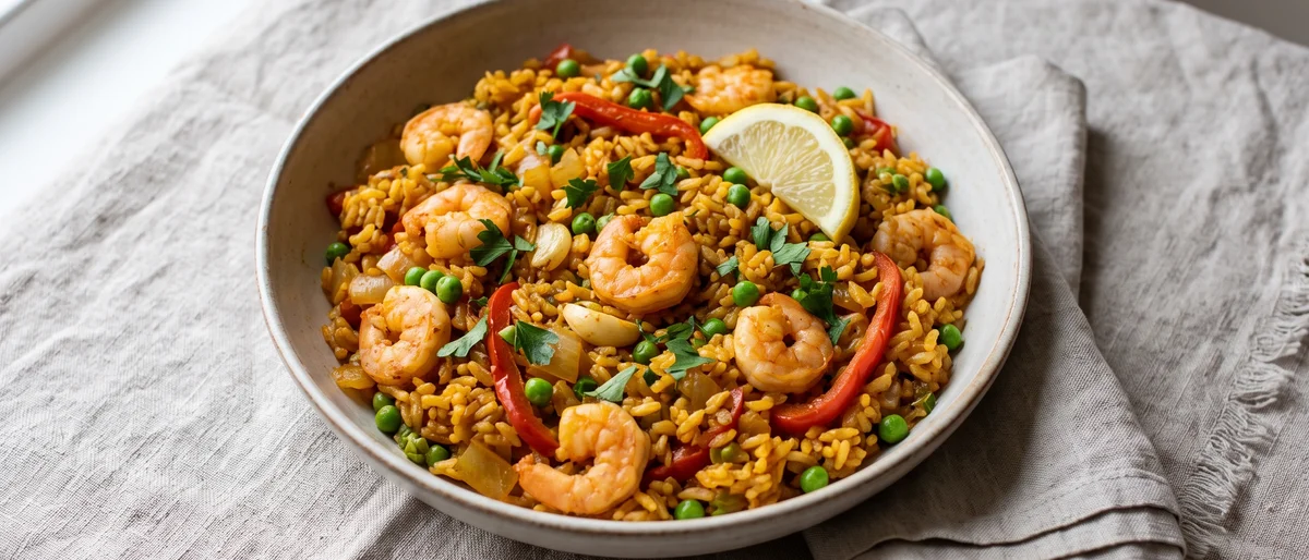 Shrimp, Chorizo-Free Paella-Style Rice - A smoky one-pan paella-style rice with shrimp, peppers and peas