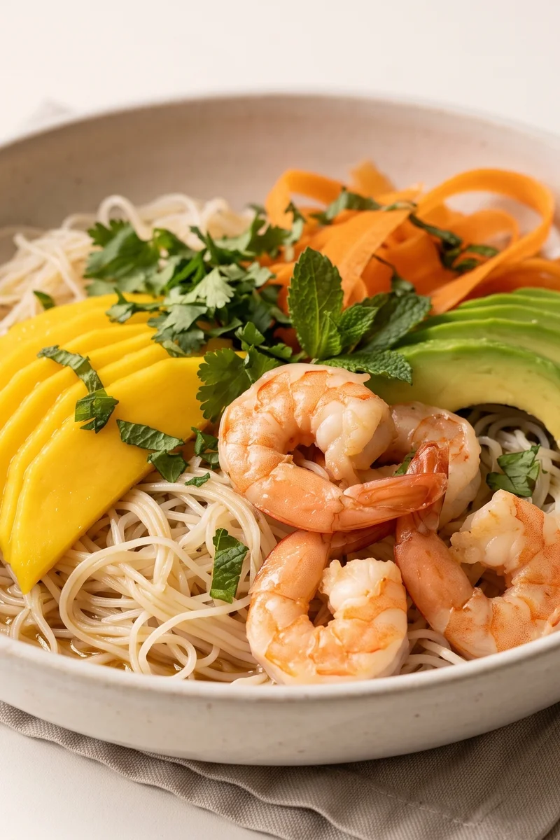Shrimp, Mango & Avocado Rice Paper Bowls - A deconstructed summer roll: cooked shrimp, mango, avocado and herbs over rice noodles with a lime-tamari dressing.