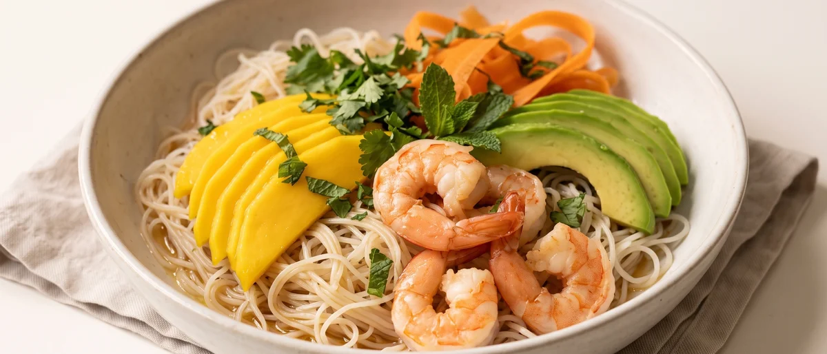 Shrimp, Mango & Avocado Rice Paper Bowls - A deconstructed summer roll: cooked shrimp, mango, avocado and herbs over rice noodles with a lime-tamari dressing.
