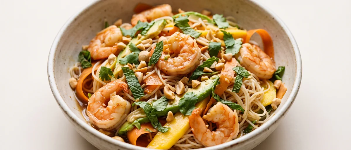 Shrimp, Mango & Avocado Rice Paper Bowls - A deconstructed summer roll: cooked shrimp, mango, avocado and herbs over rice noodles with a lime-tamari dressing.