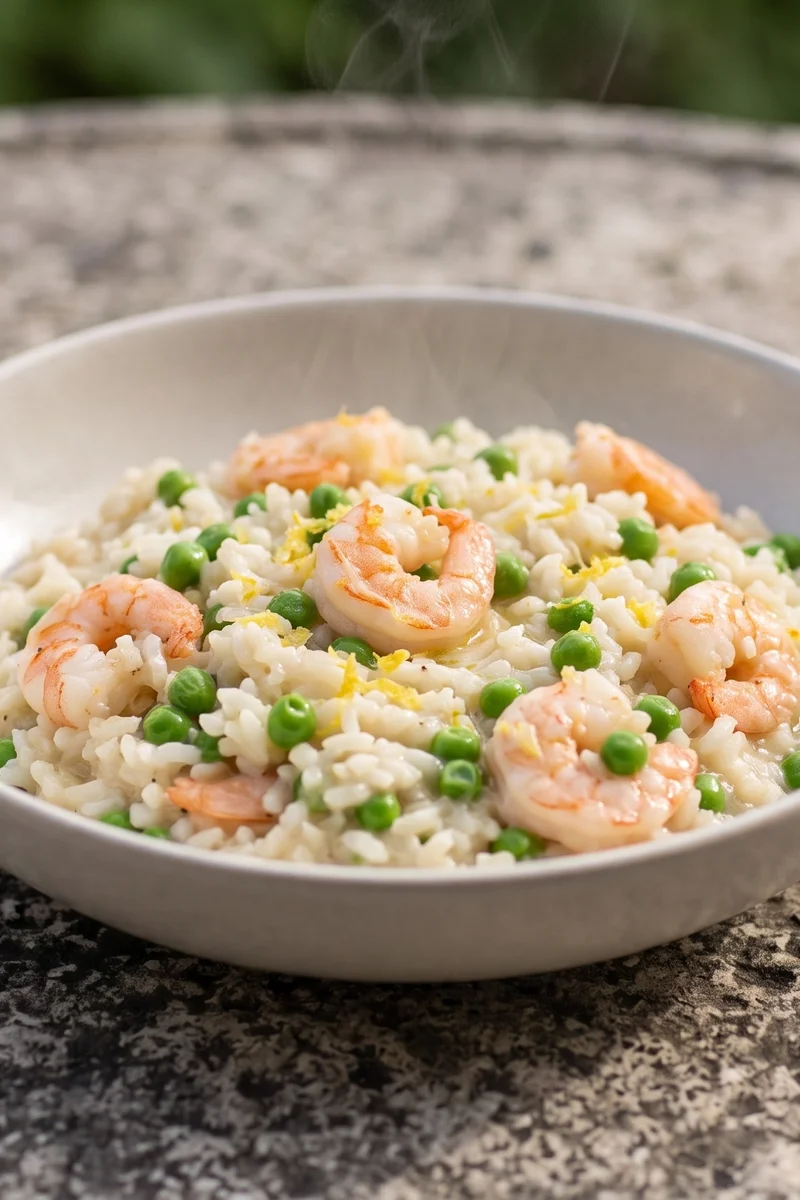 Shrimp, Pea & Lemon Risotto - A classic lemony shrimp and pea risotto stirred to silk
