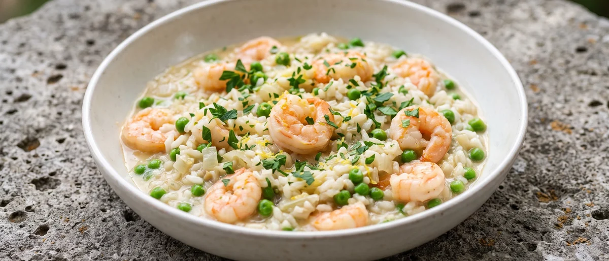 Shrimp, Pea & Lemon Risotto - A classic lemony shrimp and pea risotto stirred to silk