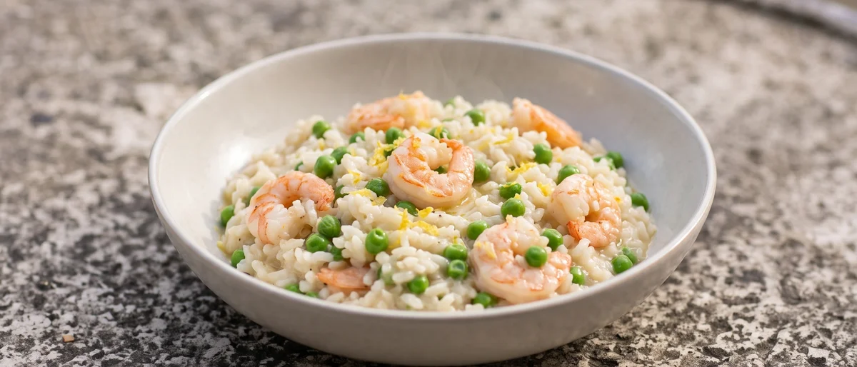 Shrimp, Pea & Lemon Risotto - A classic lemony shrimp and pea risotto stirred to silk