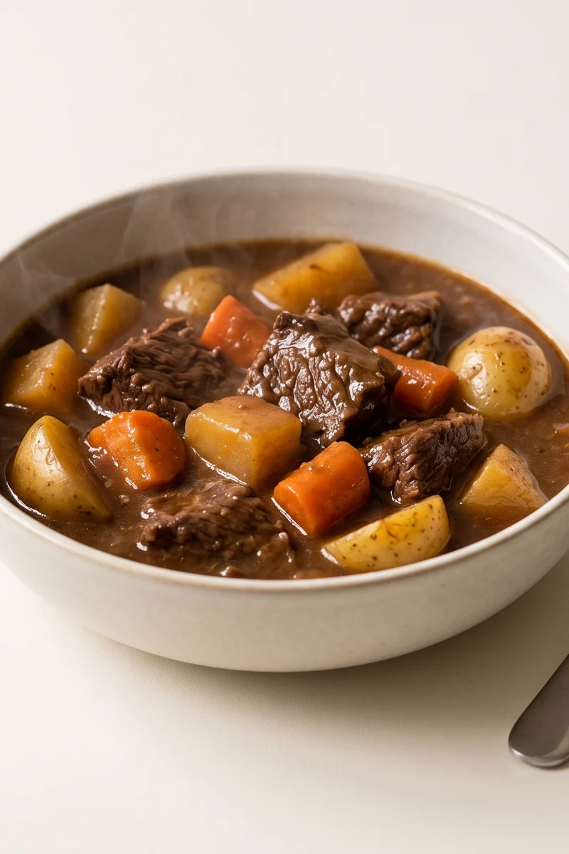 Slow-Braised Beef & Root Vegetable Stew - Fork-tender braised beef with carrots, swede and potatoes in a deep gravy
