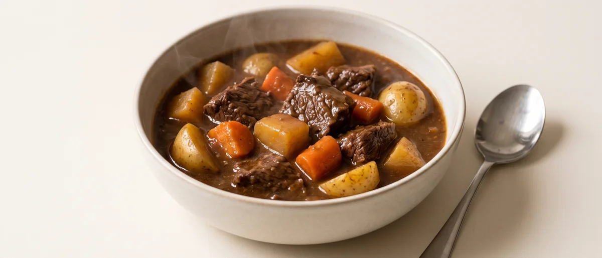 Slow-Braised Beef & Root Vegetable Stew - Fork-tender braised beef with carrots, rutabaga and potatoes in a deep gravy