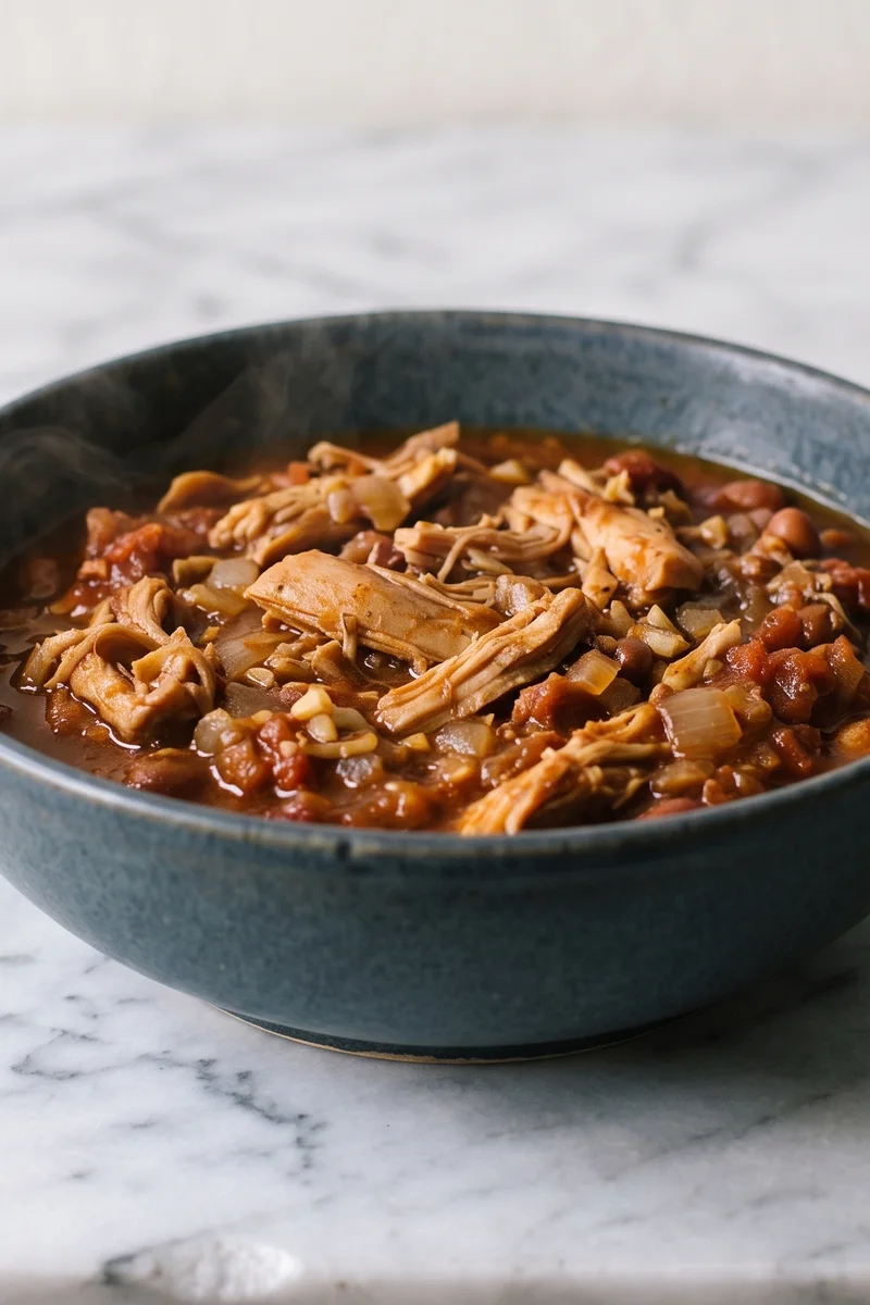 Slow-Cooker-Style Pulled Chicken Chili Bowls - Pulled chicken simmered in a smoky tomato-bean chili