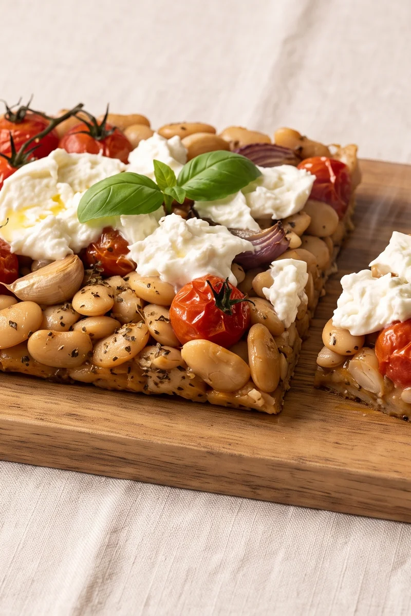 Slow-Roasted Tomato & Garlic Butter Bean Sheet-pan Bake with Burrata - Butter beans roasted in slow tomatoes and garlic oil, finished with torn burrata and basil