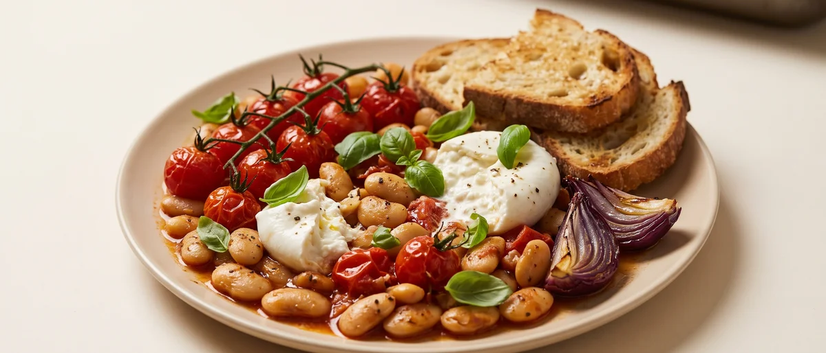 Slow-Roasted Tomato & Garlic Butter Bean Sheet-pan Bake with Burrata - Butter beans roasted in slow tomatoes and garlic oil, finished with torn burrata and basil