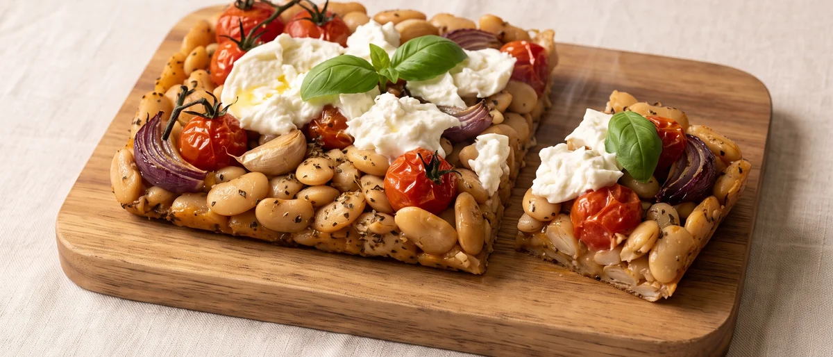 Slow-Roasted Tomato & Garlic Butter Bean Sheet-pan Bake with Burrata - Butter beans roasted in slow tomatoes and garlic oil, finished with torn burrata and basil