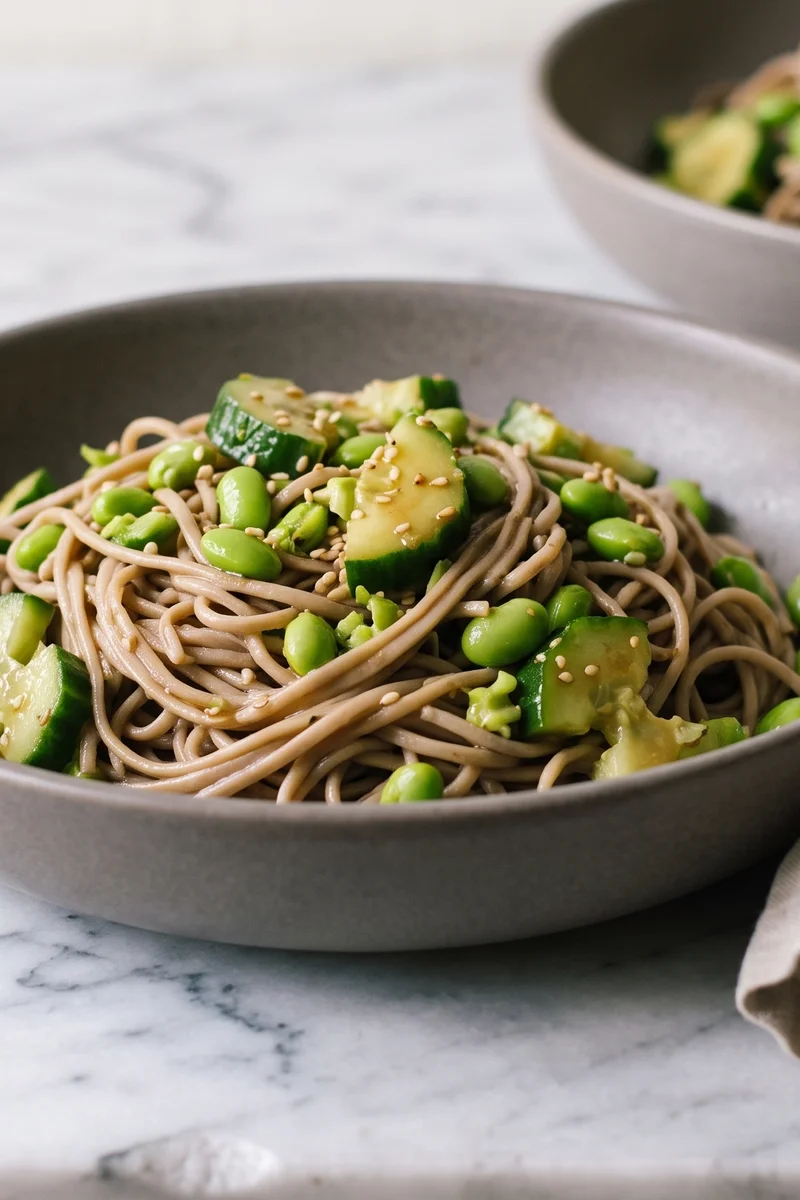 Smashed Cucumber, Edamame & Soba Salad - Cold soba noodles with smacked cucumber, edamame and a sesame-tamari dressing