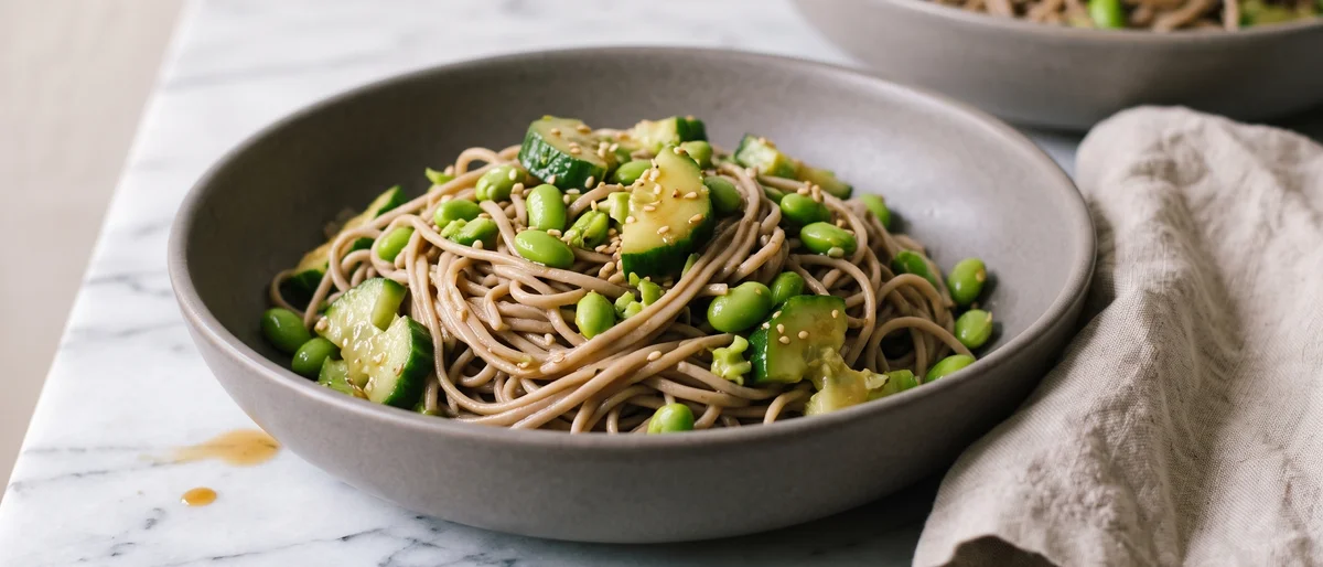 Smashed Cucumber, Edamame & Soba Salad - Cold soba noodles with smacked cucumber, edamame and a sesame-tamari dressing