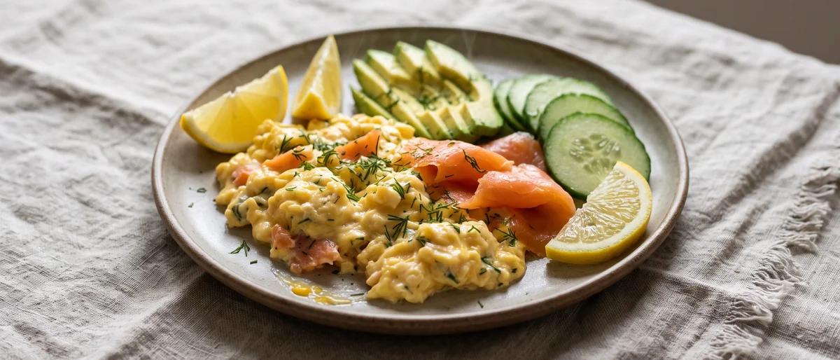 Smoked Salmon & Creamy Scrambled Eggs - Creamy scrambled eggs with smoked salmon, avocado and cucumber