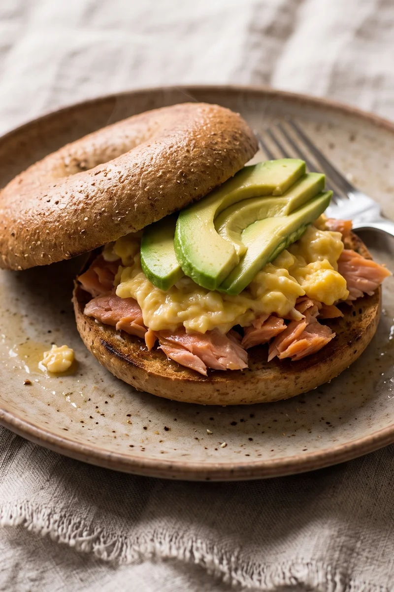 Smoked Salmon, Egg & Avocado Bagel Plate - A toasted bagel stacked with hot-smoked salmon, scrambled eggs and avocado