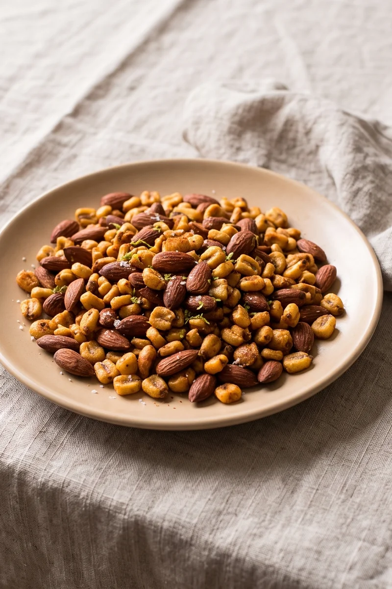 Smoky Roasted Almonds & Corn Kernel Mix - Roasted almonds and crunchy toasted corn tossed in smoked paprika and lime zest