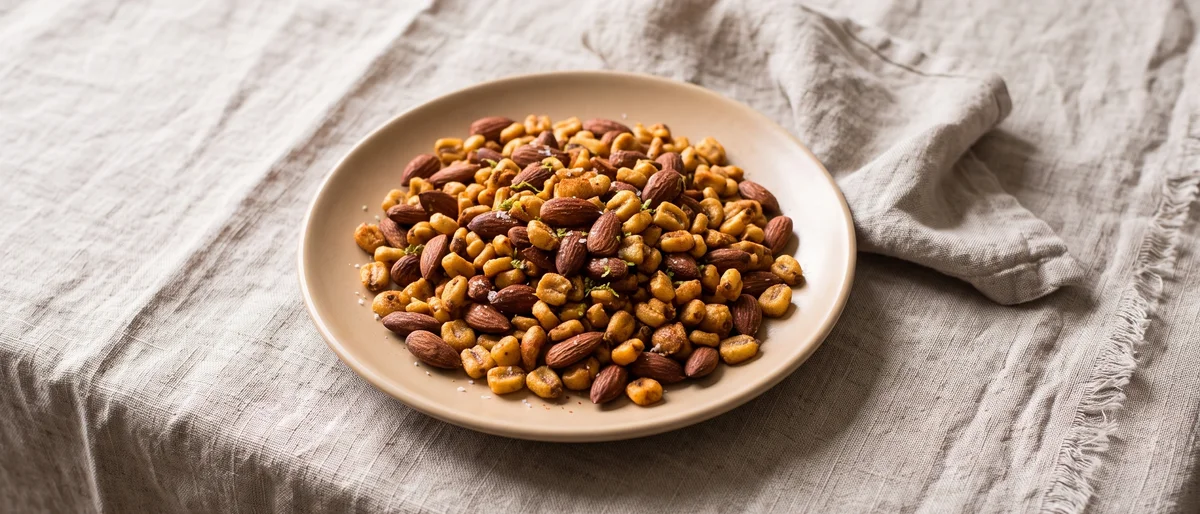 Smoky Roasted Almonds & Corn Kernel Mix - Roasted almonds and crunchy toasted corn tossed in smoked paprika and lime zest
