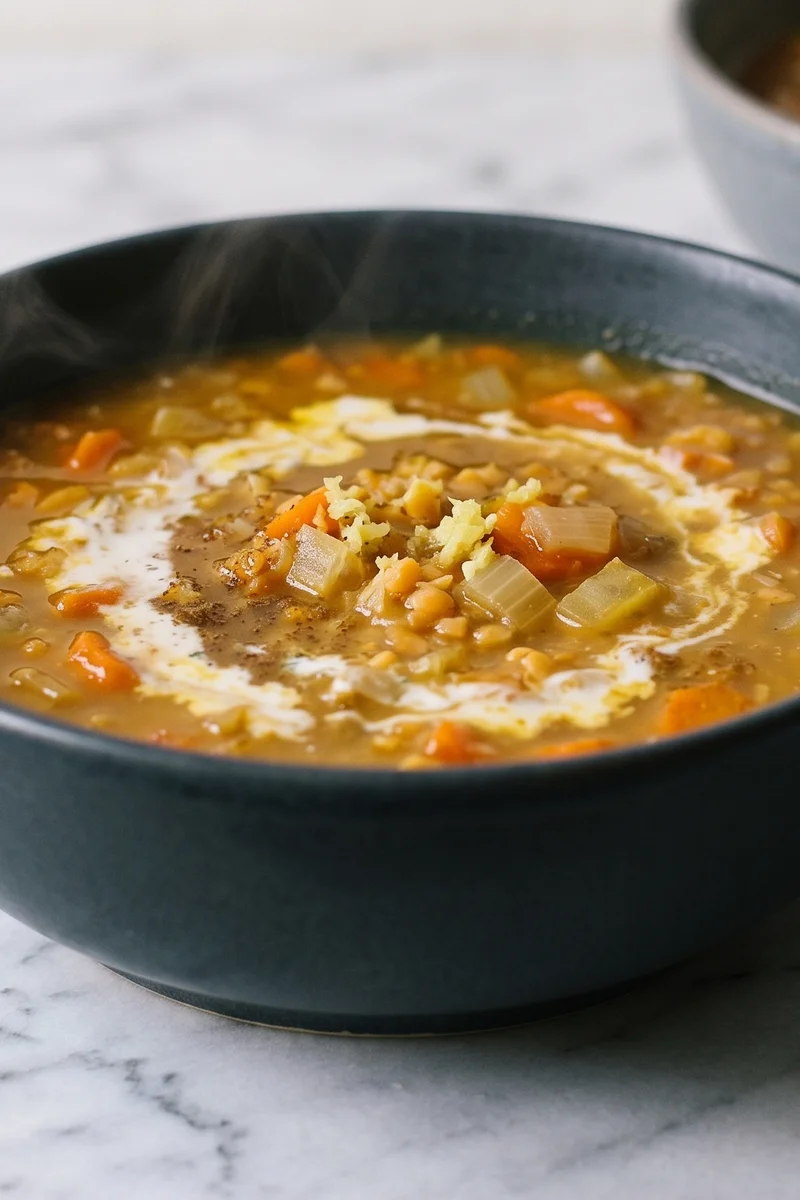 Spiced Carrot, Red Lentil & Coconut Soup - A silky carrot and red lentil soup with cumin, ginger and a swirl of coconut