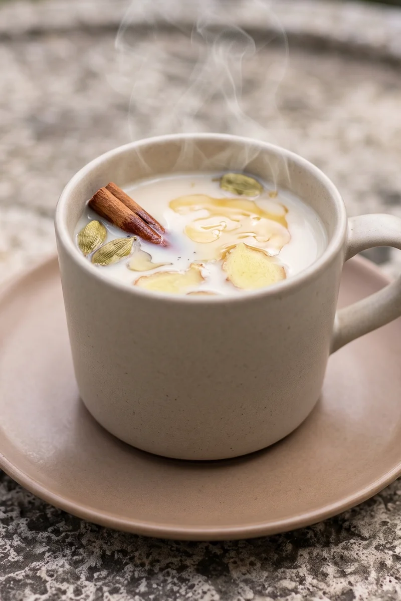 Spiced Chai-Style Warm Milk with Honey - Warm milk steeped with cinnamon, cardamom and ginger, finished with honey