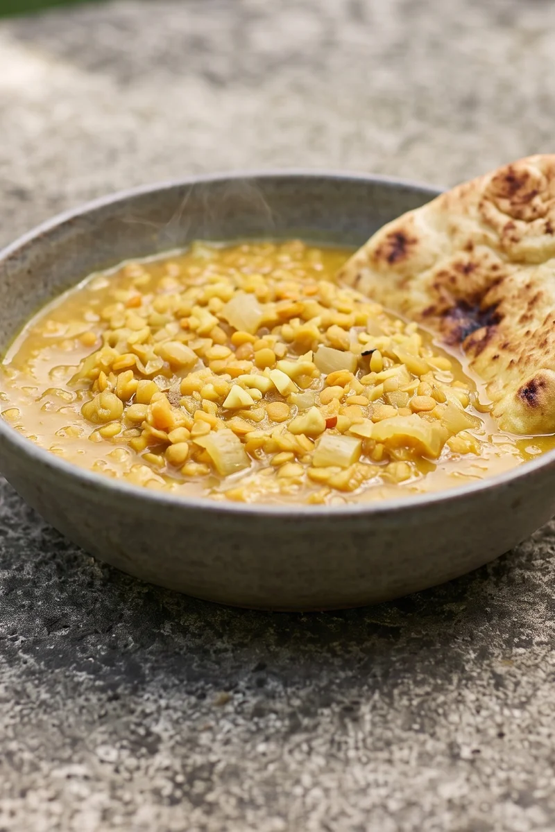 Spiced Red Lentil & Coconut Dal with Naan - A soothing coconut dal, mild by design, with warm naan for scooping