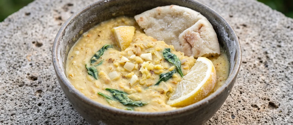 Spiced Red Lentil & Coconut Dal with Naan - A soothing coconut dal, mild by design, with warm naan for scooping