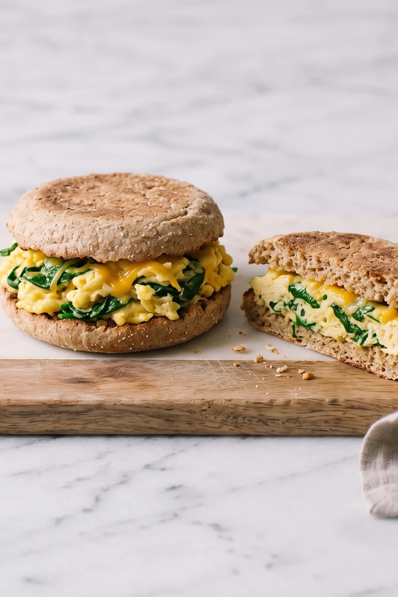 Spinach & Cheddar Scrambled Egg Muffin - Fully-set scrambled eggs with wilted spinach and sharp cheddar in a toasted English muffin