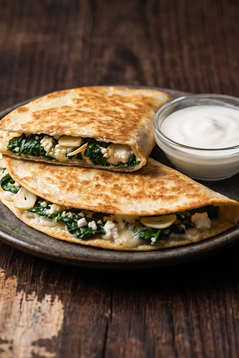 Spinach & Feta Quesadillas with Yogurt Dip - Crisp tortillas sealed around garlicky spinach, feta and mozzarella with a cool yogurt dip