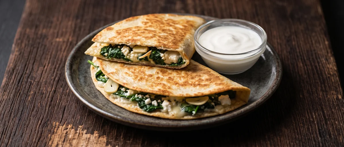 Spinach & Feta Quesadillas with Yogurt Dip - Crisp tortillas sealed around garlicky spinach, feta and mozzarella with a cool yogurt dip