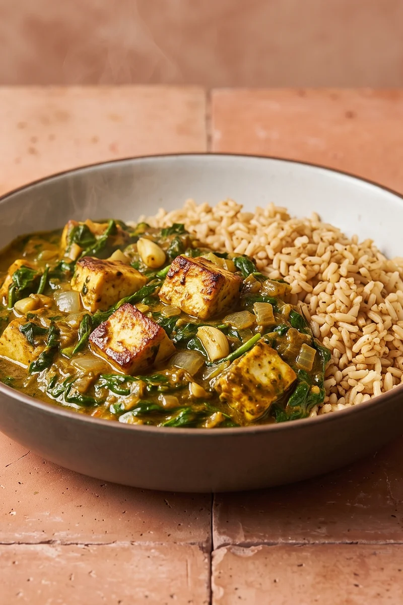 Spinach & Paneer Curry with Brown Rice - A homestyle palak paneer
