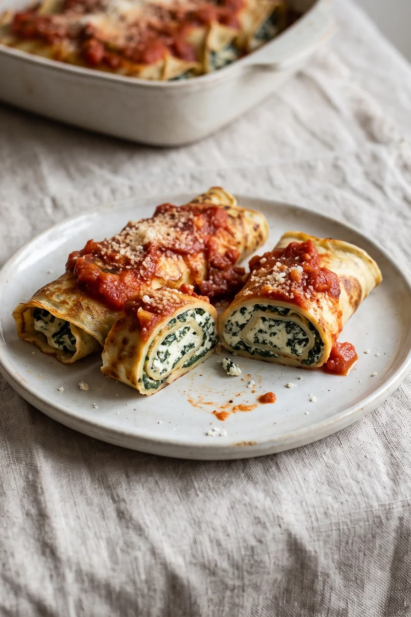 Spinach & Ricotta Pancake Cannelloni-Style Rolls - Savory pancakes rolled around spinach-ricotta filling and baked under tomato sauce