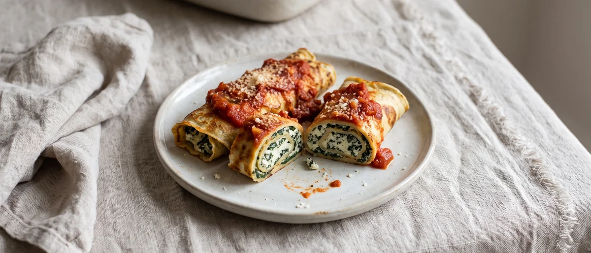 Spinach & Ricotta Pancake Cannelloni-Style Rolls - Savory pancakes rolled around spinach-ricotta filling and baked under tomato sauce