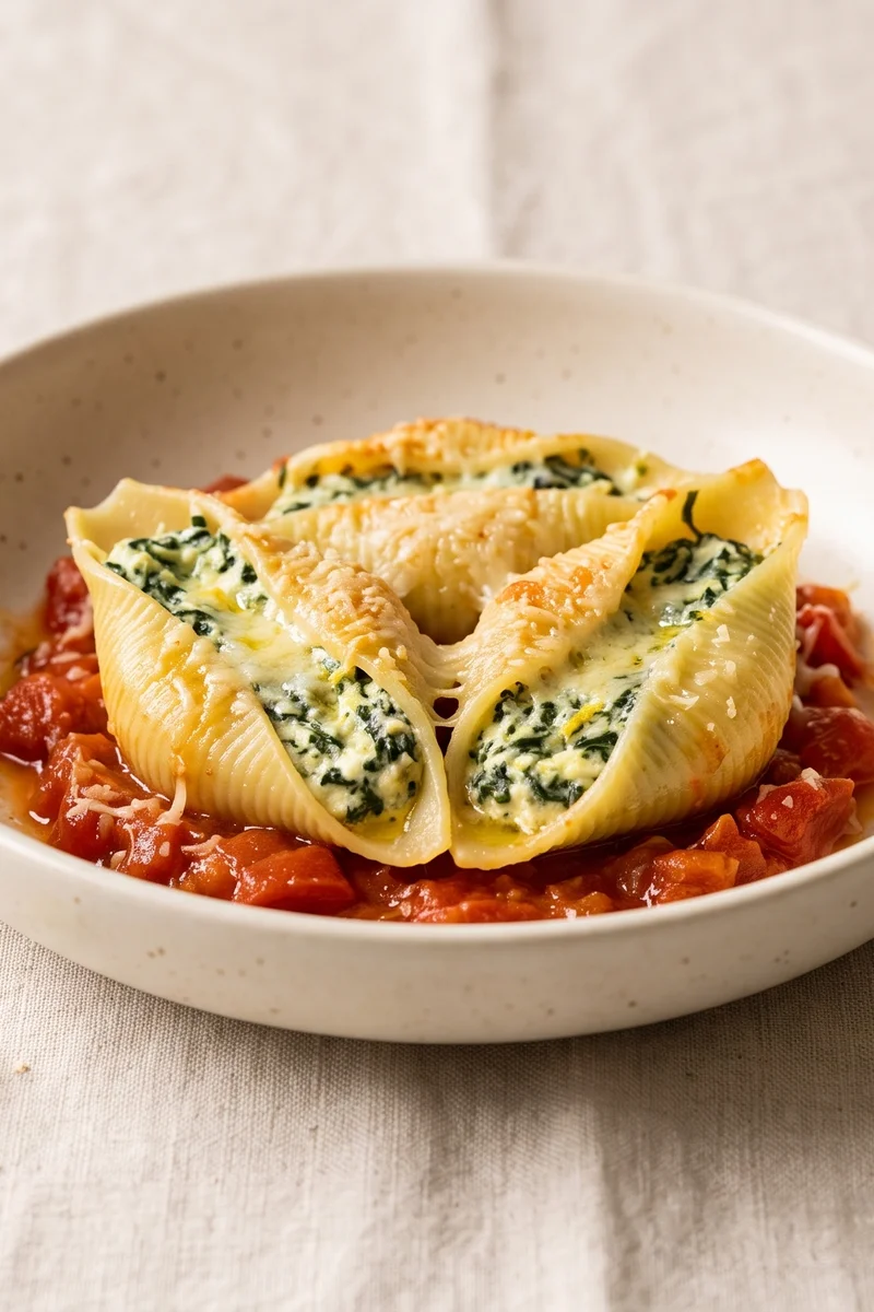Spinach & Ricotta Stuffed Pasta Shells - Giant shells filled with lemony spinach-ricotta, baked in tomato sauce
