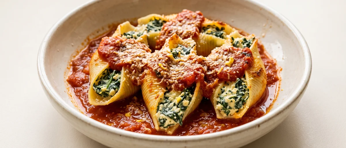 Spinach & Ricotta Stuffed Pasta Shells - Giant shells filled with lemony spinach-ricotta, baked in tomato sauce