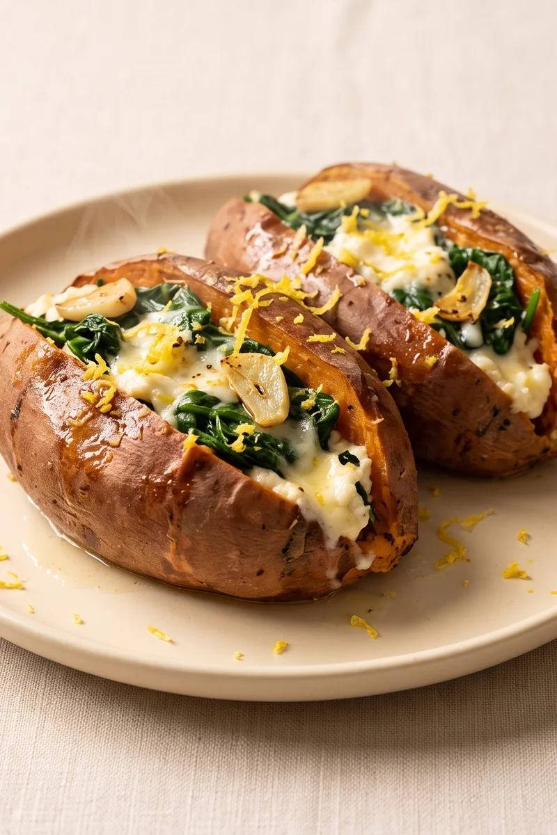 Spinach & Ricotta Stuffed Sweet Potatoes - Roasted sweet potatoes loaded with garlicky spinach and lemon ricotta