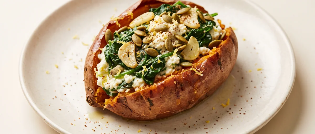 Spinach & Ricotta Stuffed Sweet Potatoes - Roasted sweet potatoes loaded with garlicky spinach and lemon ricotta