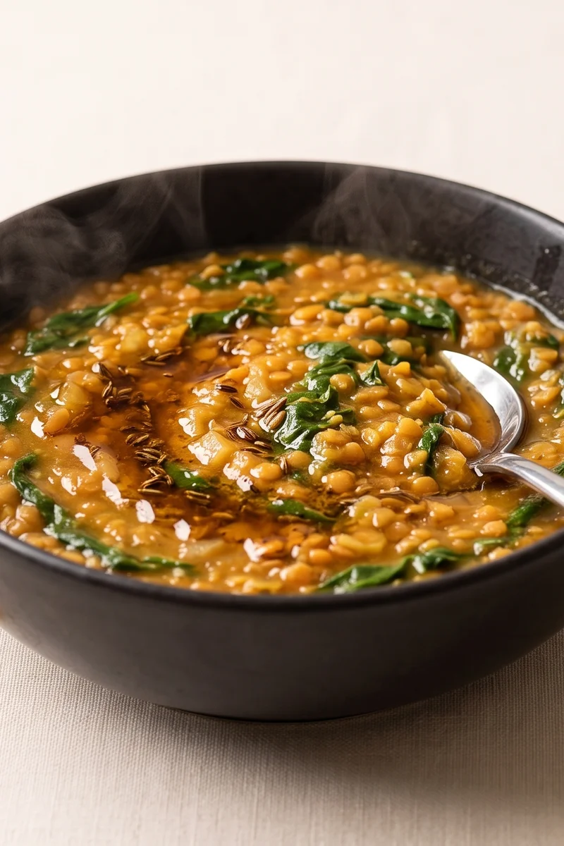 Spinach Dal with Cumin Butter - Soft, warming red-lentil dal finished with sizzled cumin butter
