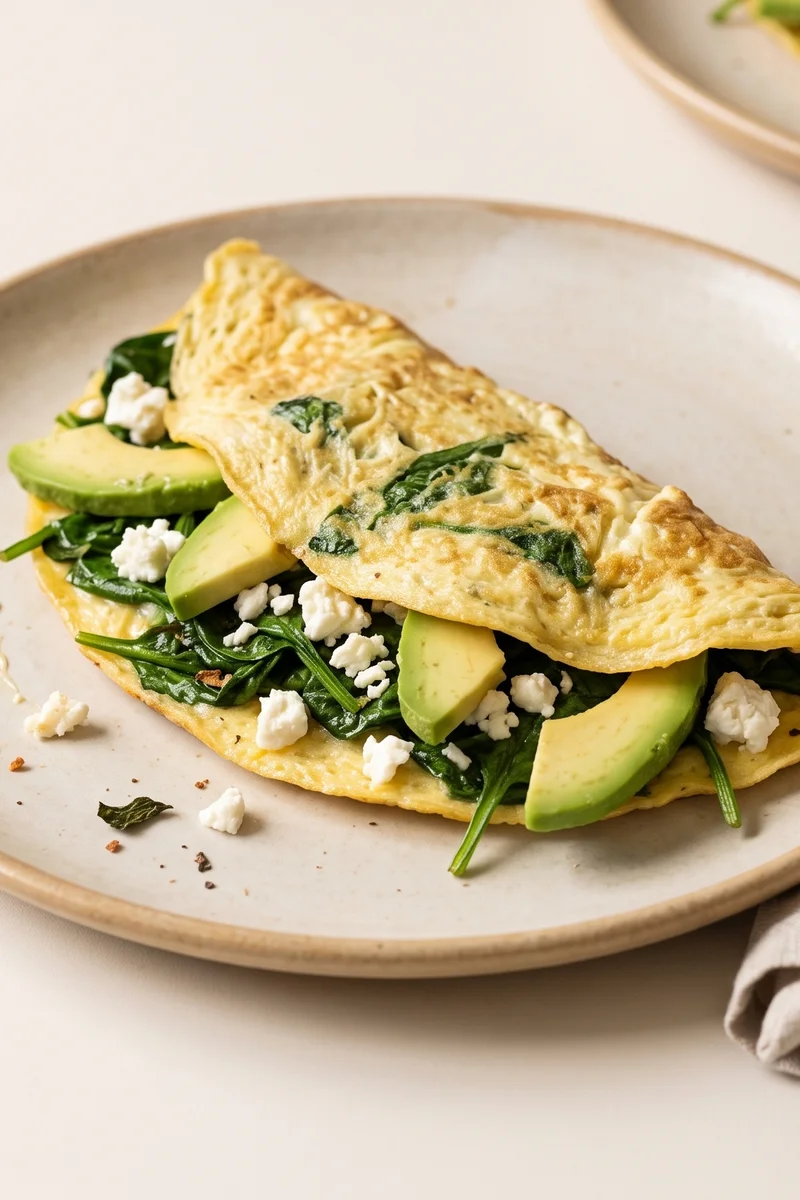 Spinach, Feta & Avocado Omelet - Eggs for choline and B12, spinach for folate, avocado for healthy fats