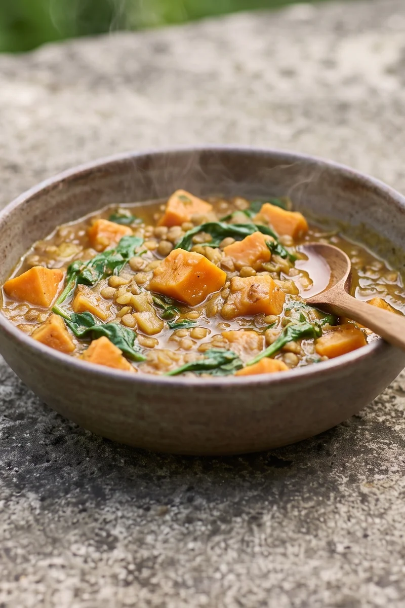 Spinach, Lentil & Sweet Potato Dhansak-Style Curry - A gently sweet-sour lentil and sweet potato curry with spinach