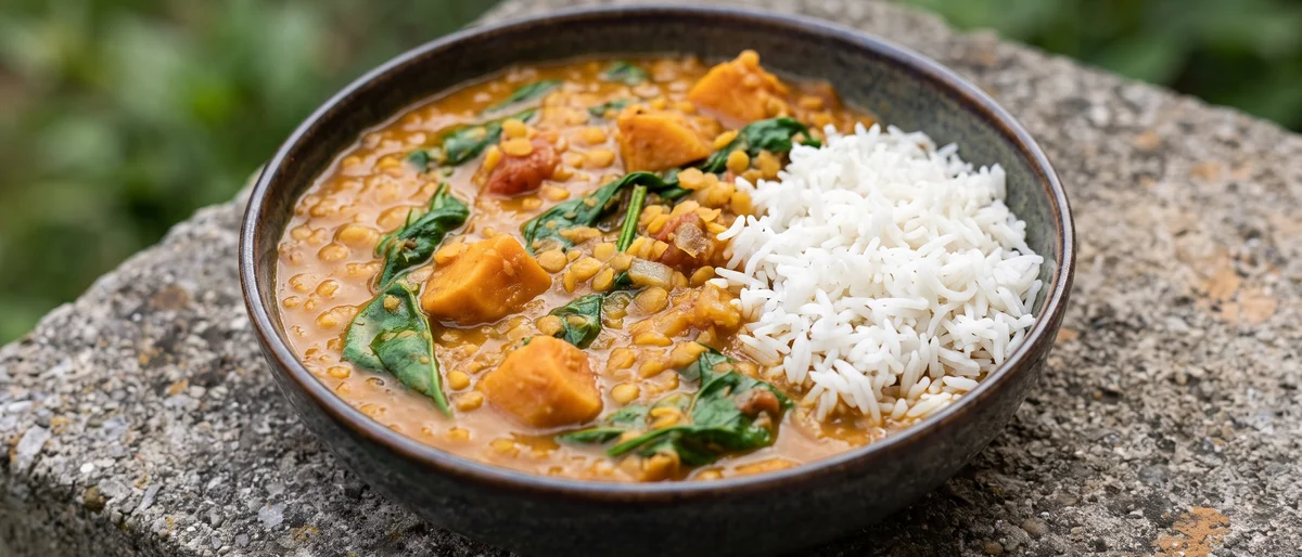 Spinach, Lentil & Sweet Potato Dhansak-Style Curry - A gently sweet-sour lentil and sweet potato curry with spinach