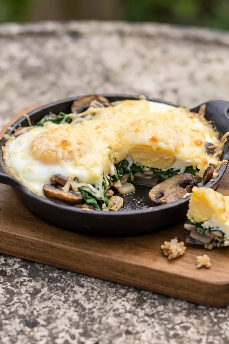 Spinach, Mushroom & Gruyere-Style Baked Eggs - Eggs baked over garlicky spinach and mushrooms under melted cheese