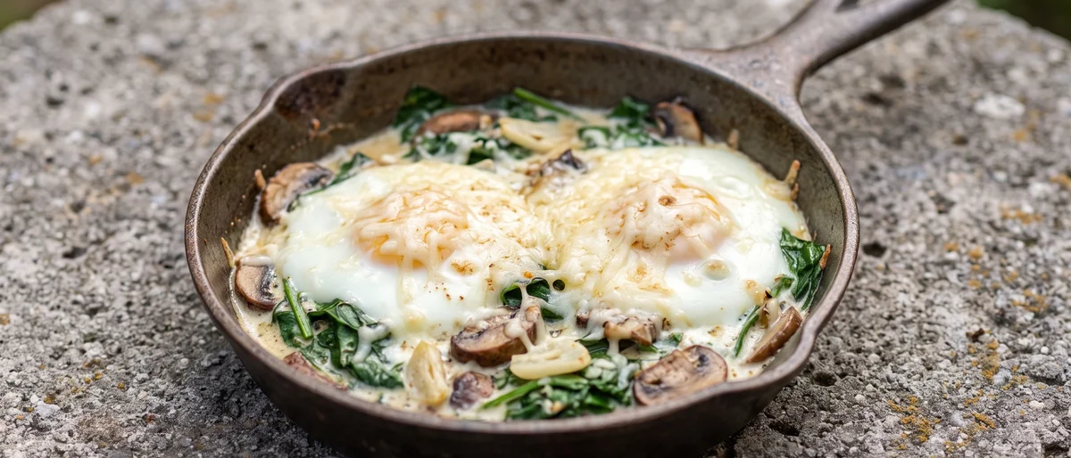 Spinach, Mushroom & Gruyere-Style Baked Eggs - Eggs baked over garlicky spinach and mushrooms under melted cheese