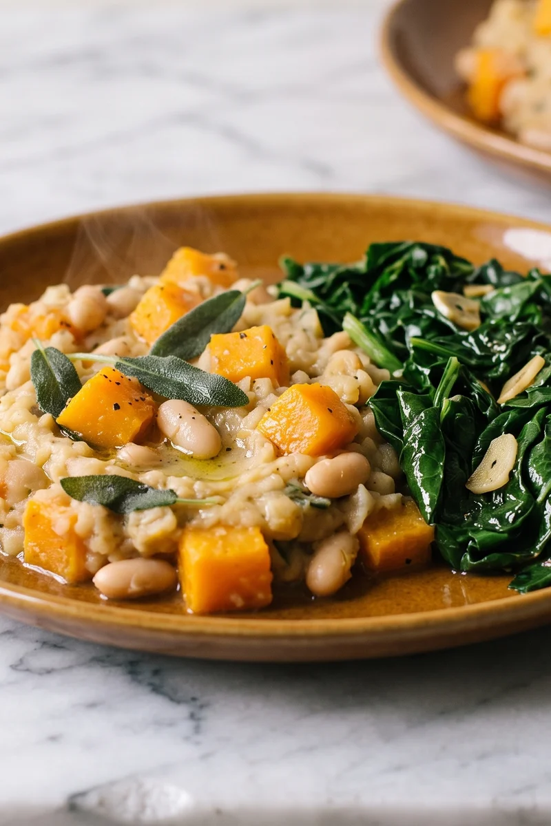 Squash, Sage & Cannellini Mash with Garlic Greens - Butternut and white beans mashed with sage-infused oil, beside garlicky wilted greens