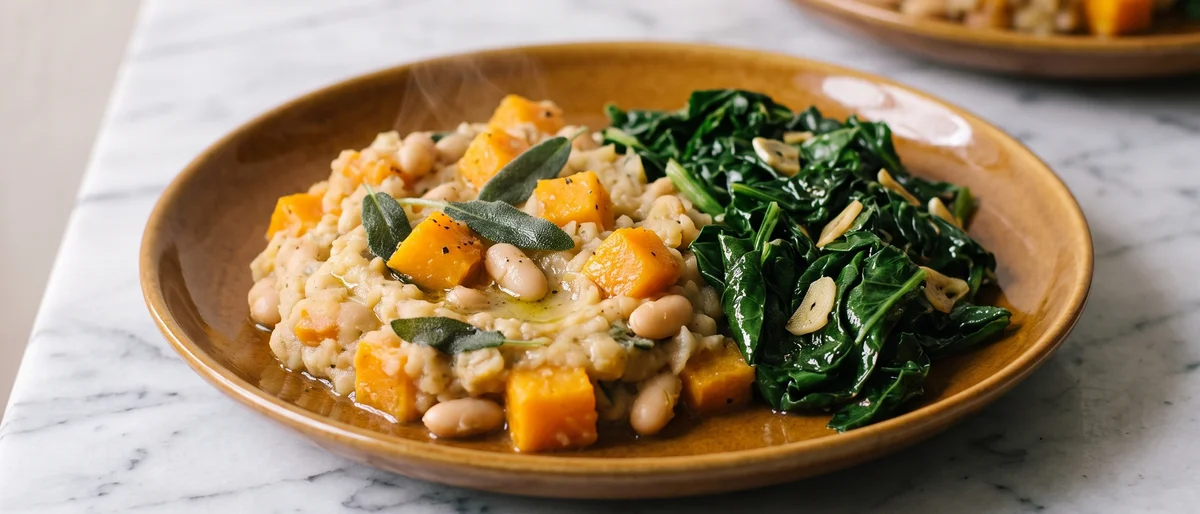 Squash, Sage & Cannellini Mash with Garlic Greens - Butternut and white beans mashed with sage-infused oil, beside garlicky wilted greens