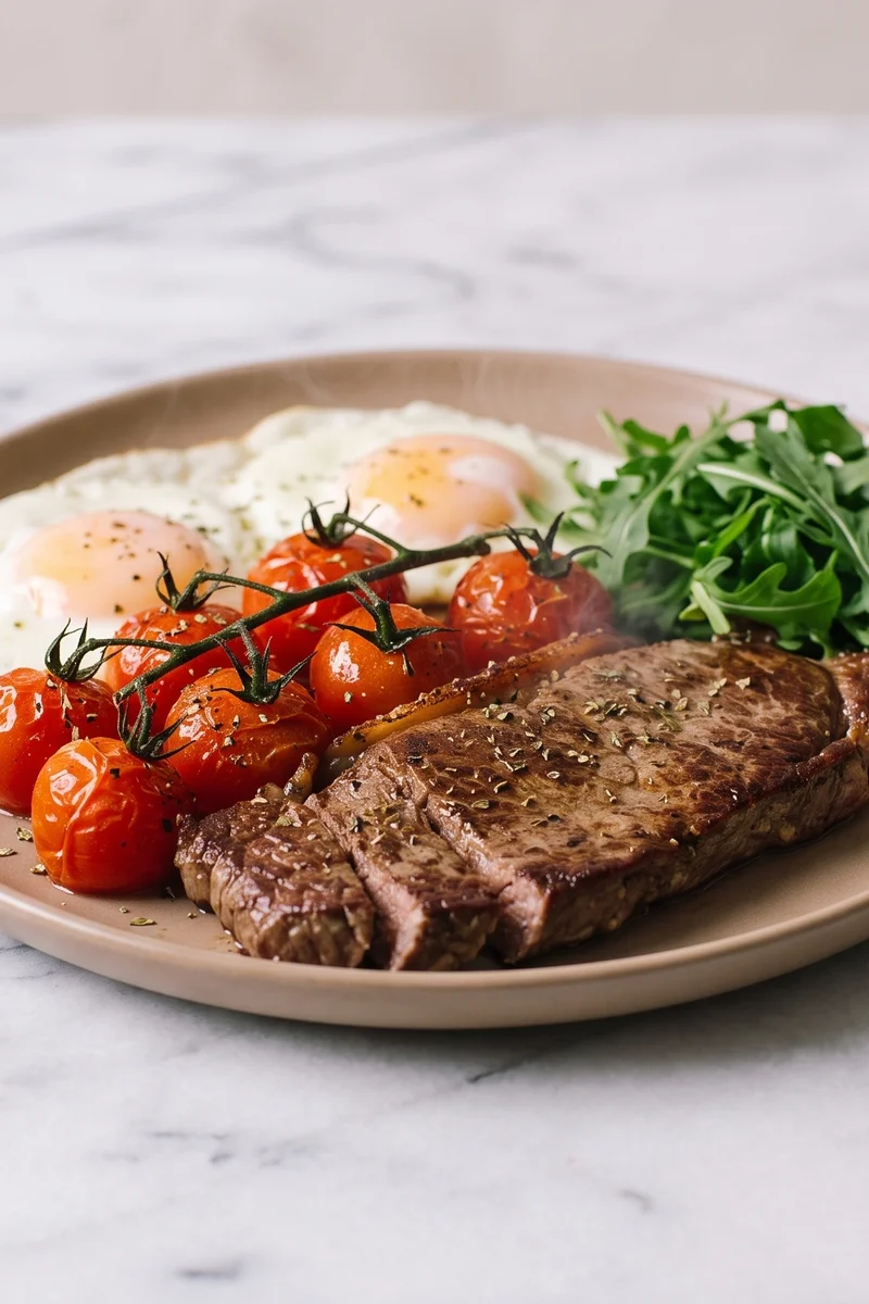 Steak & Eggs with Roasted Tomatoes - A small sirloin cooked through and sliced over eggs and blistered tomatoes