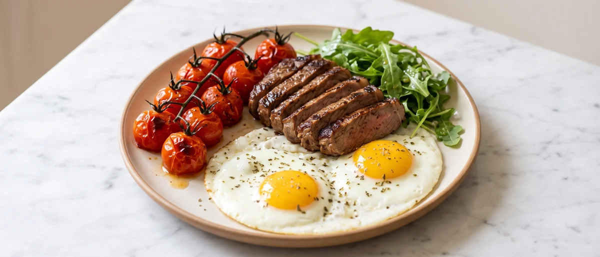Steak & Eggs with Roasted Tomatoes - A small sirloin cooked through and sliced over eggs and blistered tomatoes