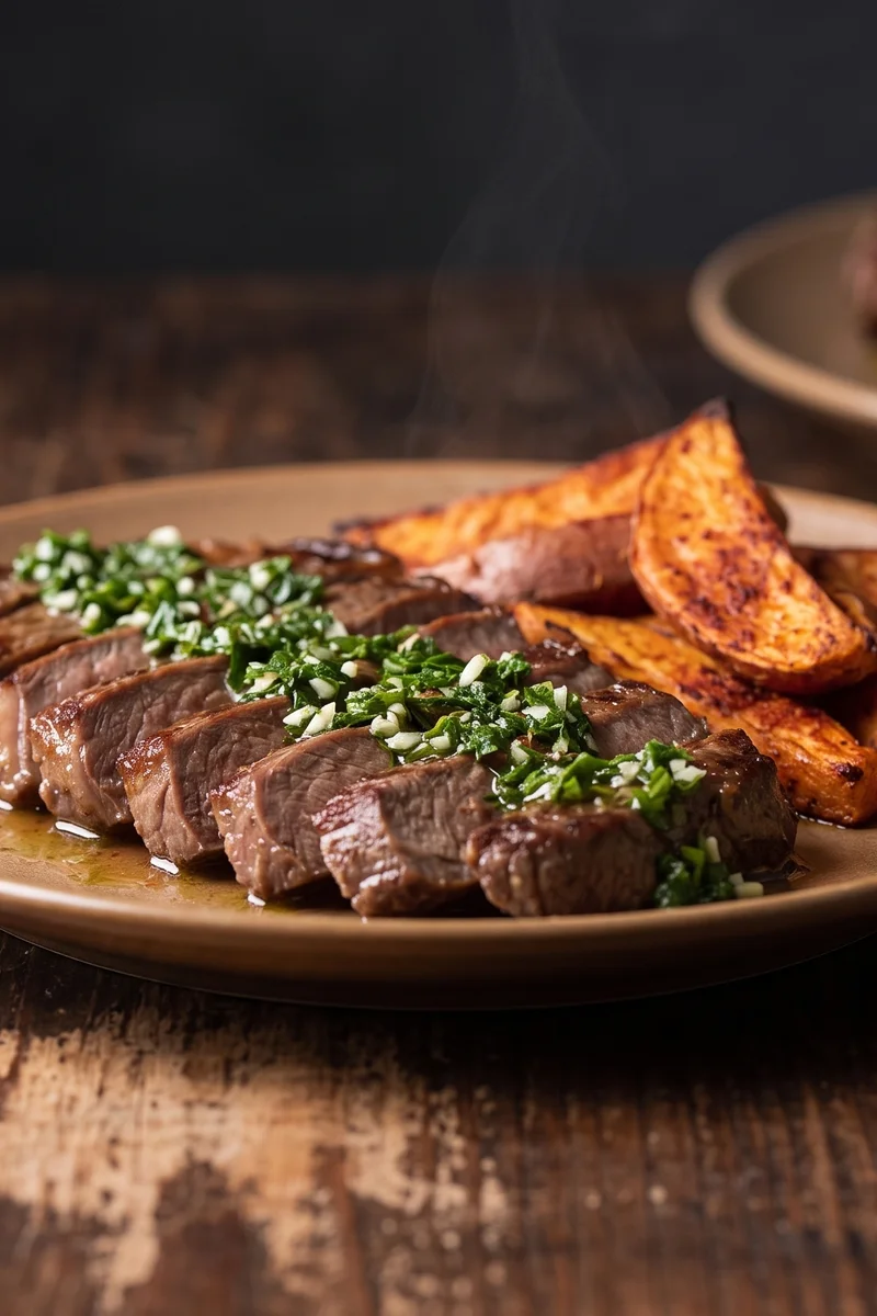 Steak Night: Sirloin, Chimichurri & Sweet Potato Wedges - A properly rested (and properly cooked-through) sirloin with green chimichurri and roasted sweet potato wedges
