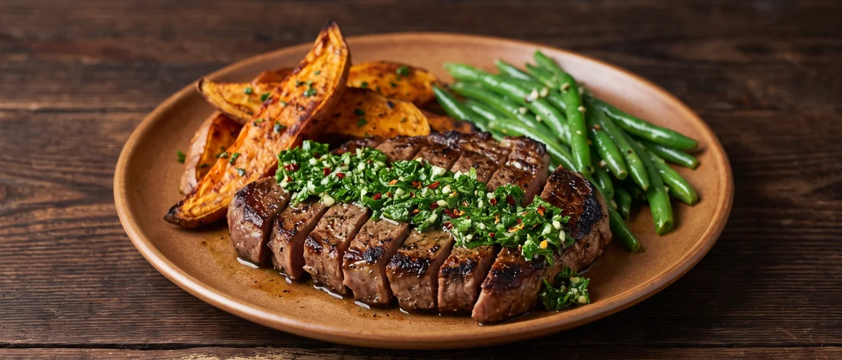 Steak Night: Sirloin, Chimichurri & Sweet Potato Wedges - A properly rested (and properly cooked-through) sirloin with green chimichurri and roasted sweet potato wedges