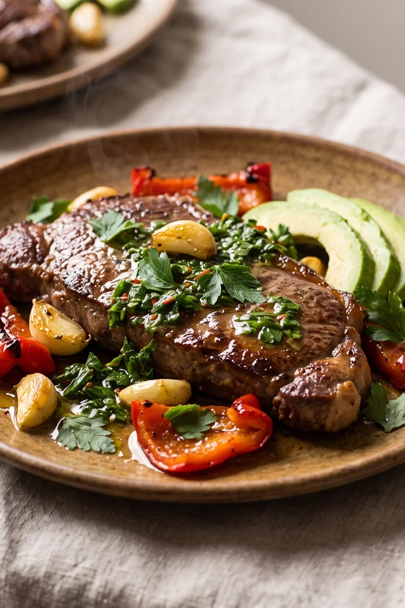 Steak with Chimichurri & Roasted Peppers - Red meat once or twice a week builds the iron, zinc and B12 stores pregnancy draws on