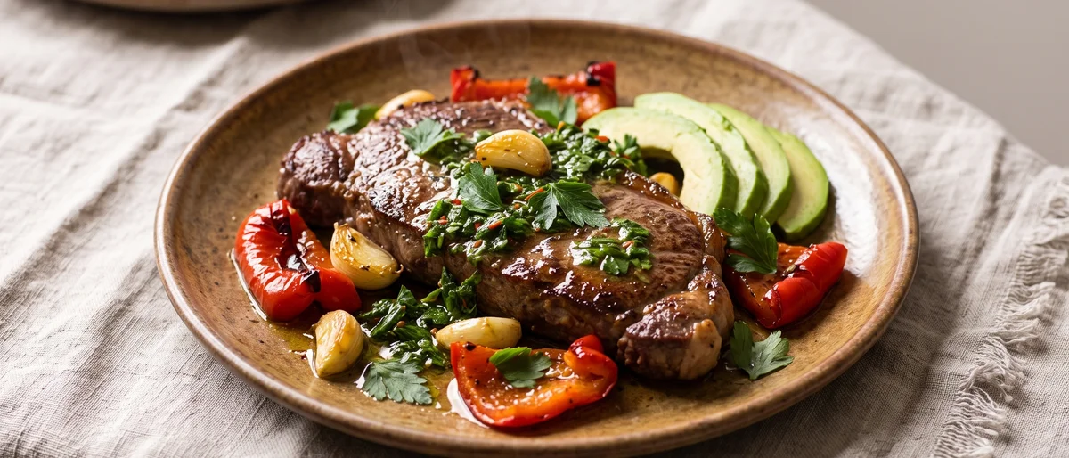Steak with Chimichurri & Roasted Peppers - Sirloin seared and sliced over roasted red peppers and avocado with a sharp garlicky chimichurri